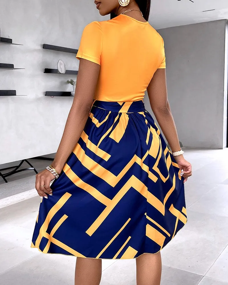 Colorblock Geometric Print Tied Detail Casual Dress