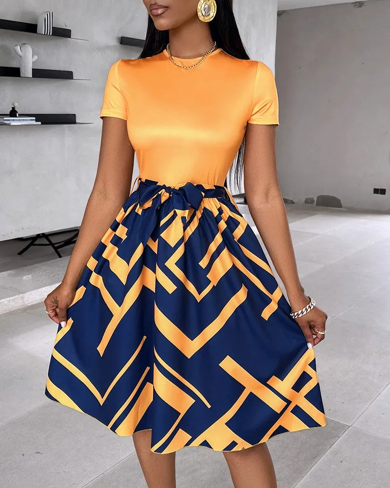 Colorblock Geometric Print Tied Detail Casual Dress