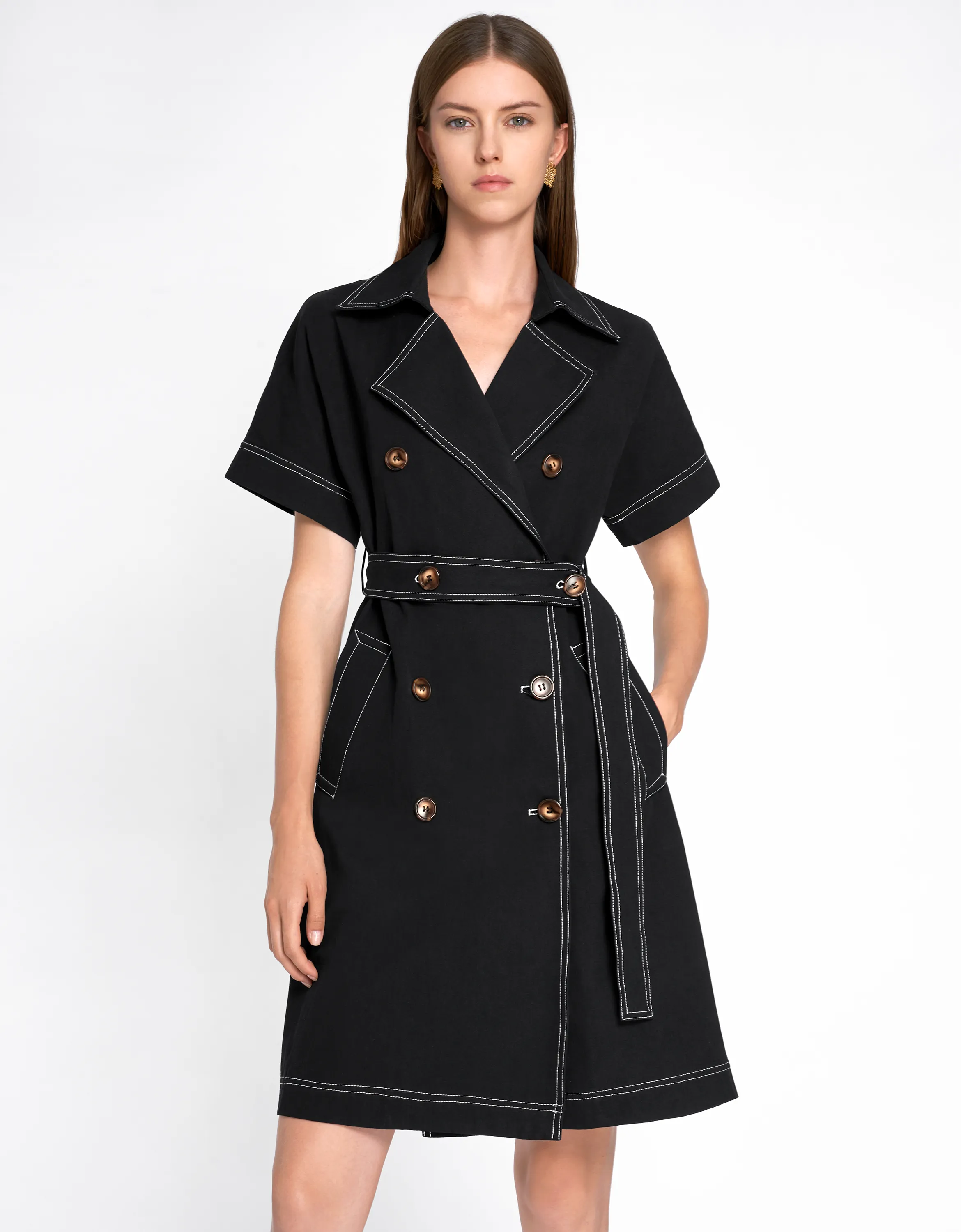 Contrast Stitching Double Breasted Dress