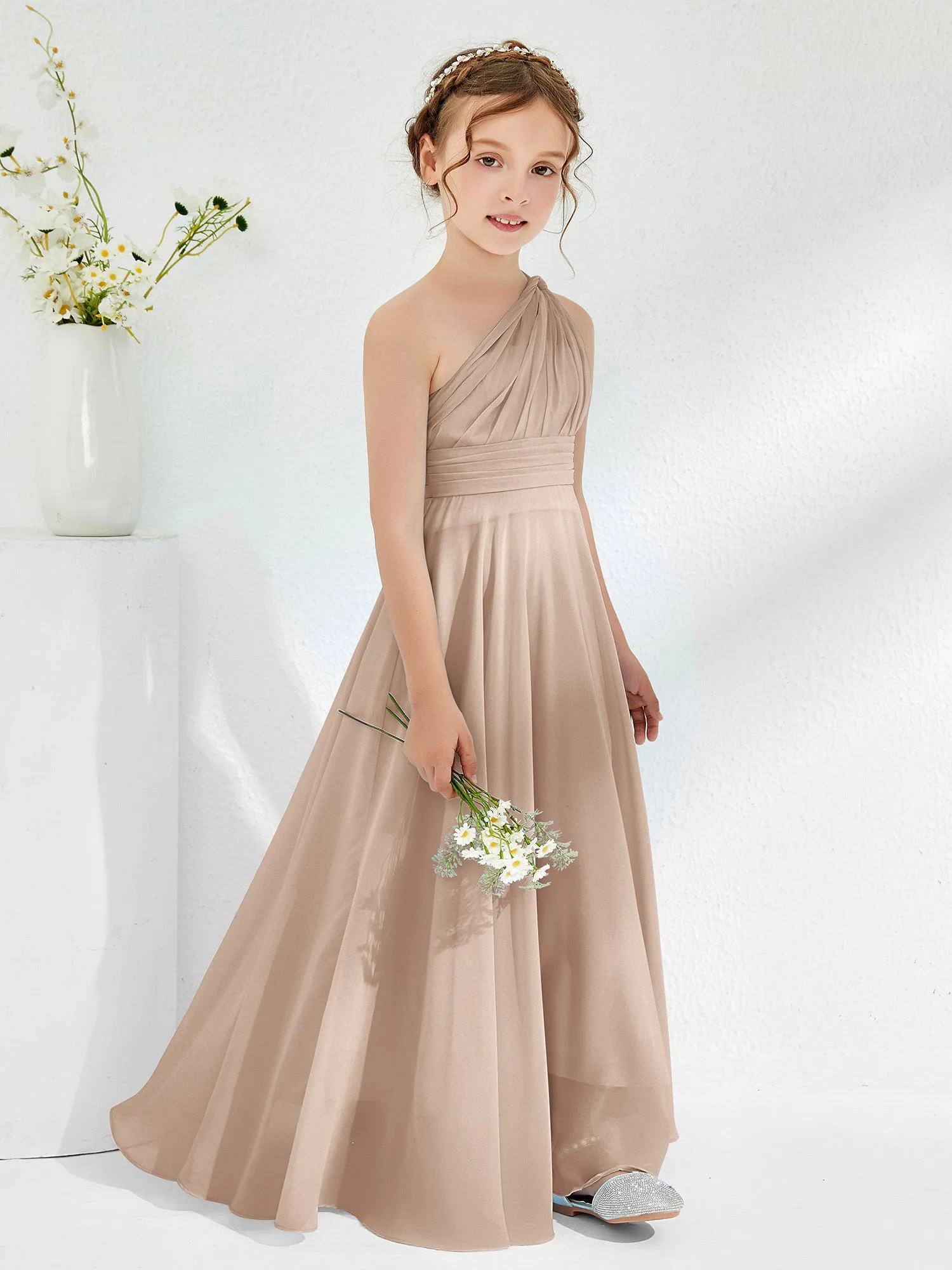 Cute One Shoulder  A-line Junior Bridesmaid Dresses Taupe