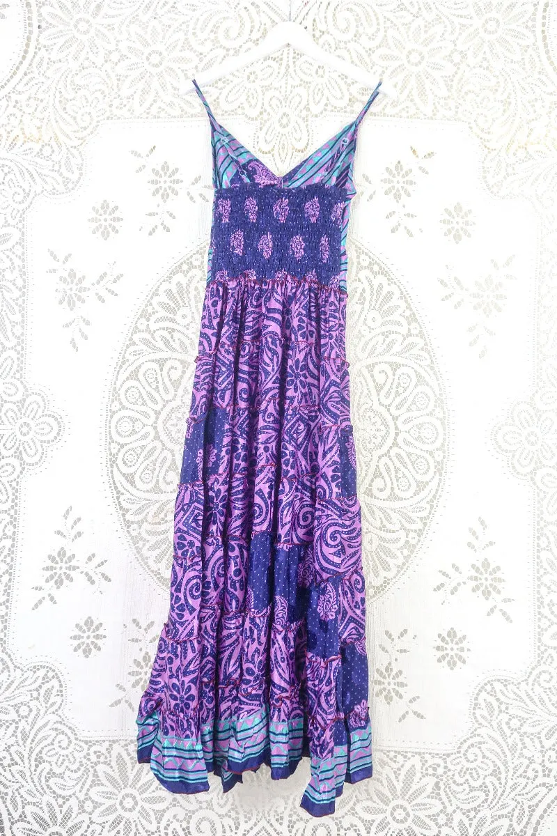 Delilah Maxi Dress - Midnight Violet & Lilac Shimmer - Vintage Sari - Free Size M/L