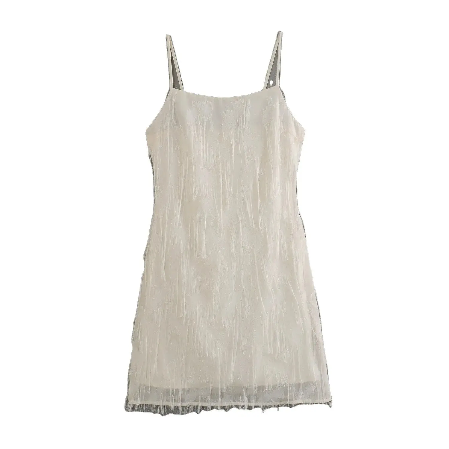 Demi Beige Square Colar Front Tassel Mini Dress