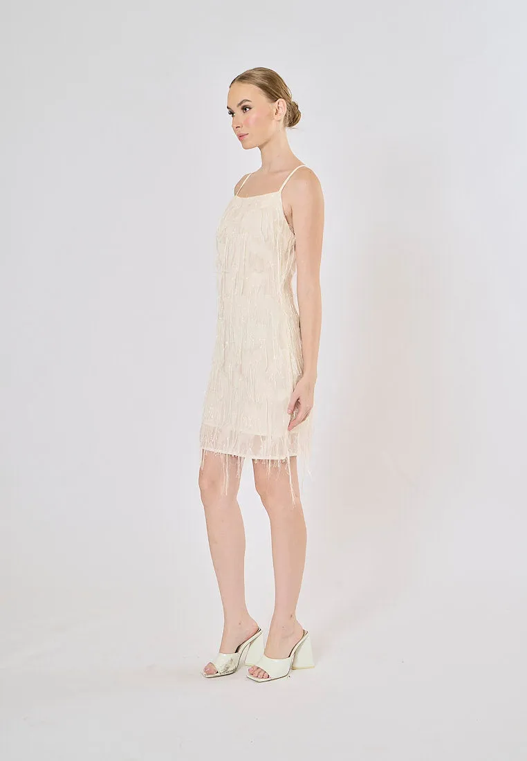 Demi Beige Square Colar Front Tassel Mini Dress