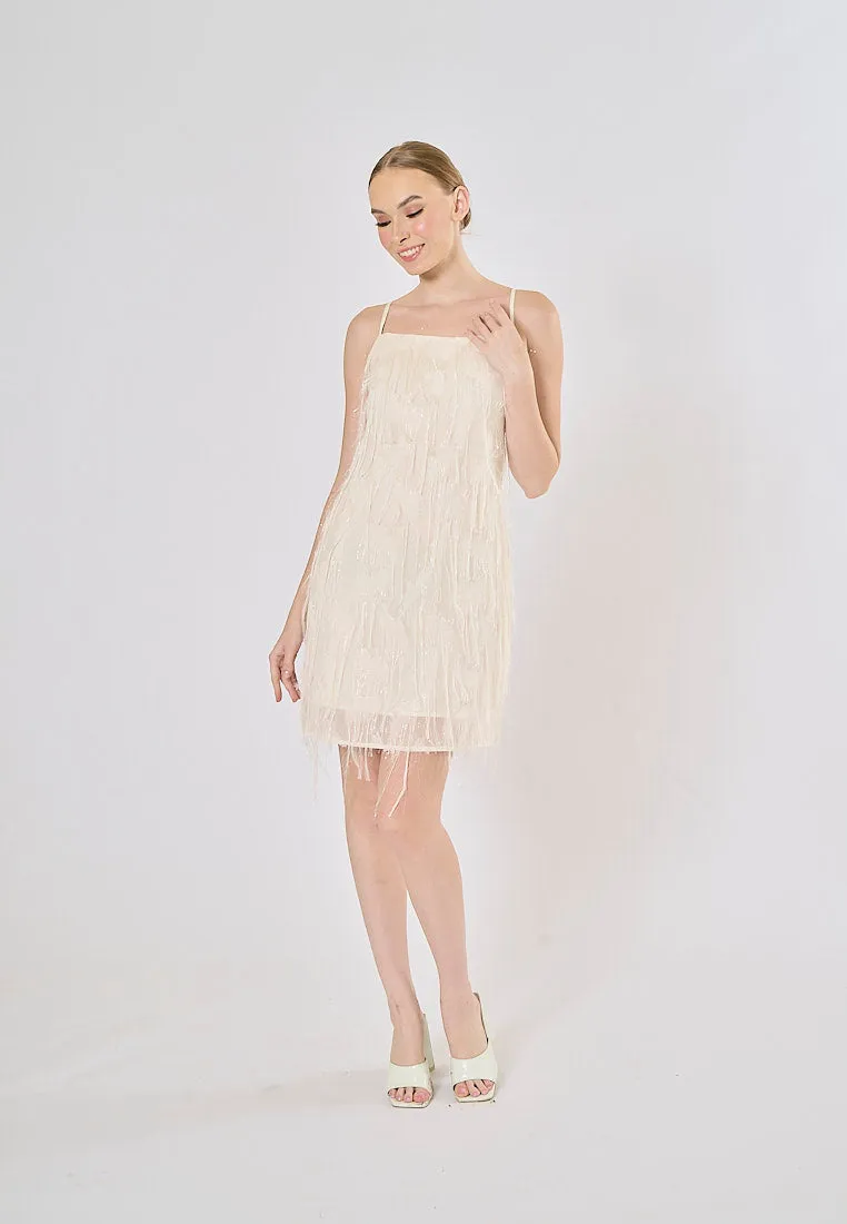 Demi Beige Square Colar Front Tassel Mini Dress