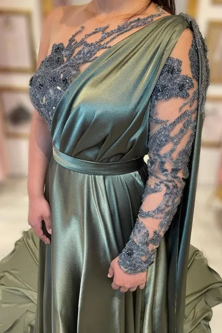 Designer Long A-line Lace Split Evening Dresses With Long Sleeve