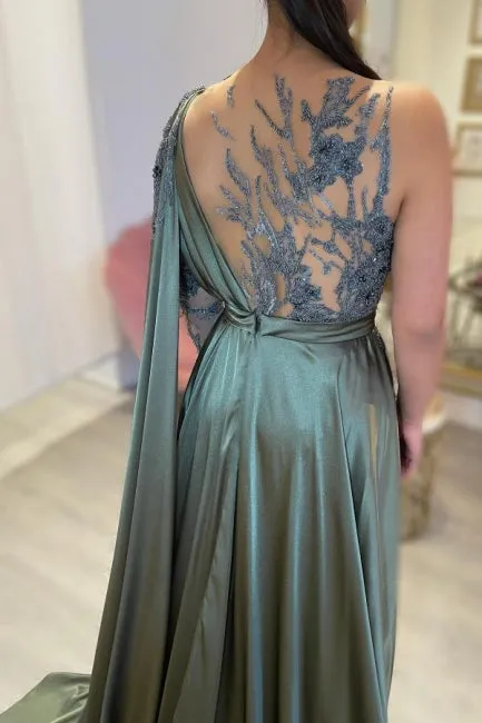 Designer Long A-line Lace Split Evening Dresses With Long Sleeve