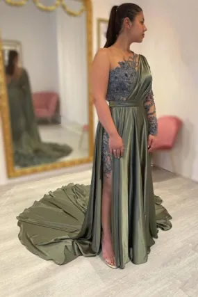 Designer Long A-line Lace Split Evening Dresses With Long Sleeve