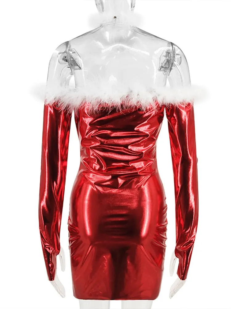 DressBetty - Christmas New Year Sexy Costumes Faux-Fur Tight Mini Dress Stylish Off-shoulder
