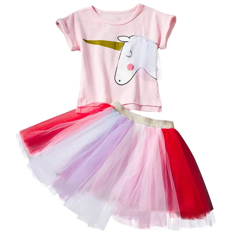 Dresses For Girl  Casual Wear Outfit Kids T-Shirt Suit Unicorn Tulle Tutu Skirt