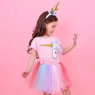 Dresses For Girl  Casual Wear Outfit Kids T-Shirt Suit Unicorn Tulle Tutu Skirt