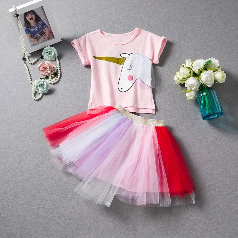 Dresses For Girl  Casual Wear Outfit Kids T-Shirt Suit Unicorn Tulle Tutu Skirt