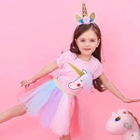 Dresses For Girl  Casual Wear Outfit Kids T-Shirt Suit Unicorn Tulle Tutu Skirt