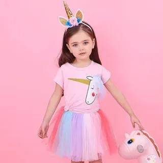Dresses For Girl  Casual Wear Outfit Kids T-Shirt Suit Unicorn Tulle Tutu Skirt