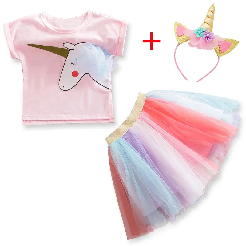 Dresses For Girl  Casual Wear Outfit Kids T-Shirt Suit Unicorn Tulle Tutu Skirt
