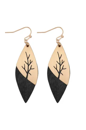 E6835 - Satin Metal Wood Marquise Layered Earrings