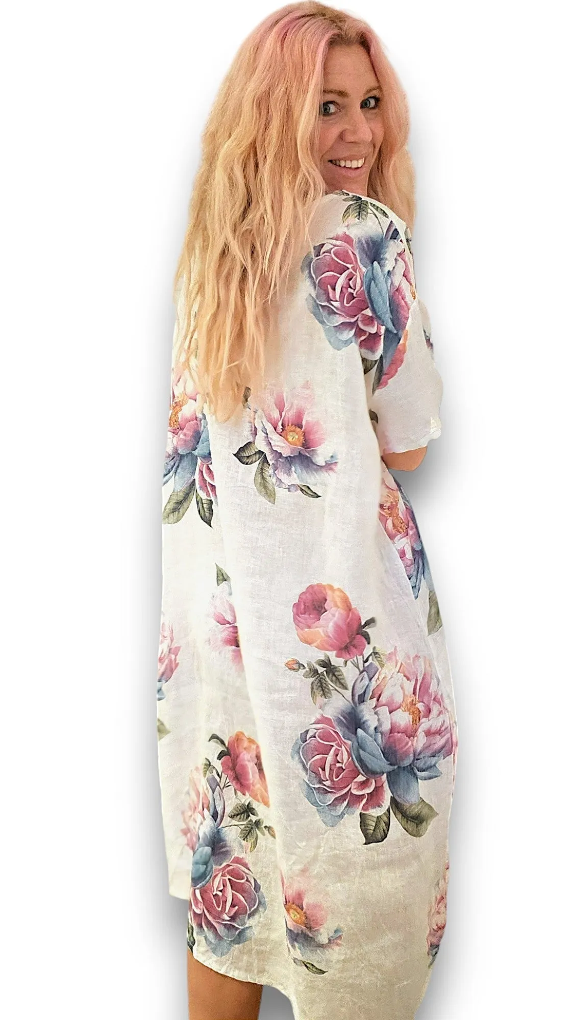 EASY PEASY TEE SHAPE LINEN DRESS OMBRE PEONY WHITE