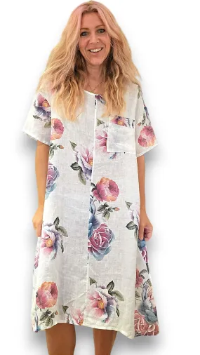 EASY PEASY TEE SHAPE LINEN DRESS OMBRE PEONY WHITE