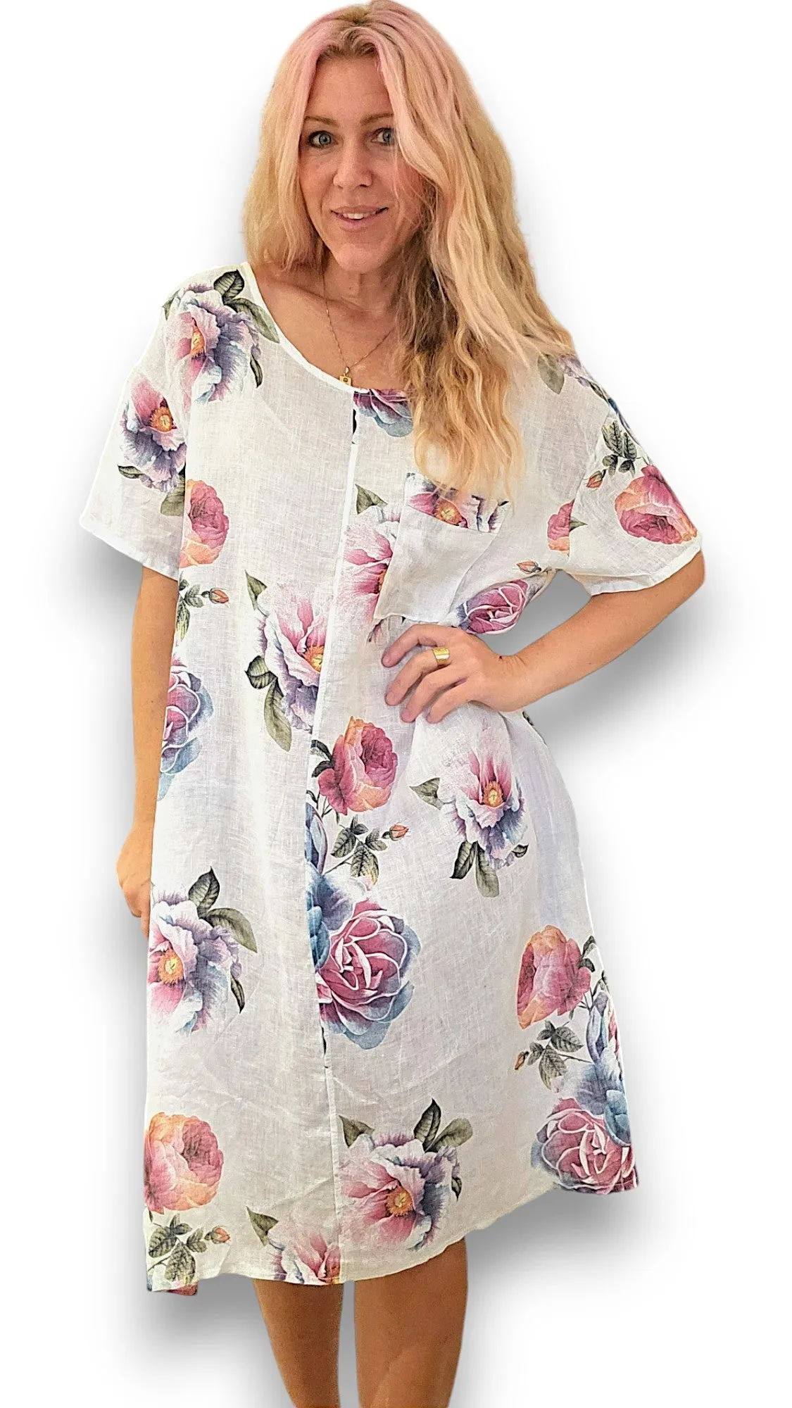EASY PEASY TEE SHAPE LINEN DRESS OMBRE PEONY WHITE