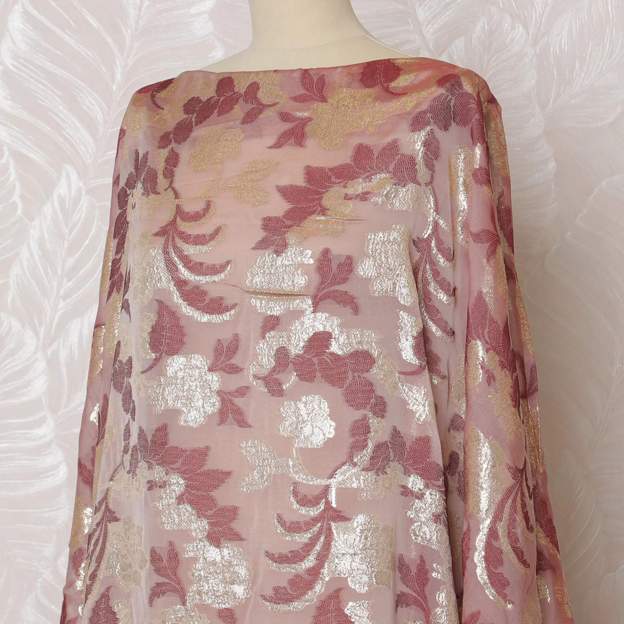 Elegant Rose Gold Floral French (Fransawi) Silk Chiffon Somali dirac Fabric with Metallic Lurex, 140 cm Width X 3.5 Mtrs-D19681