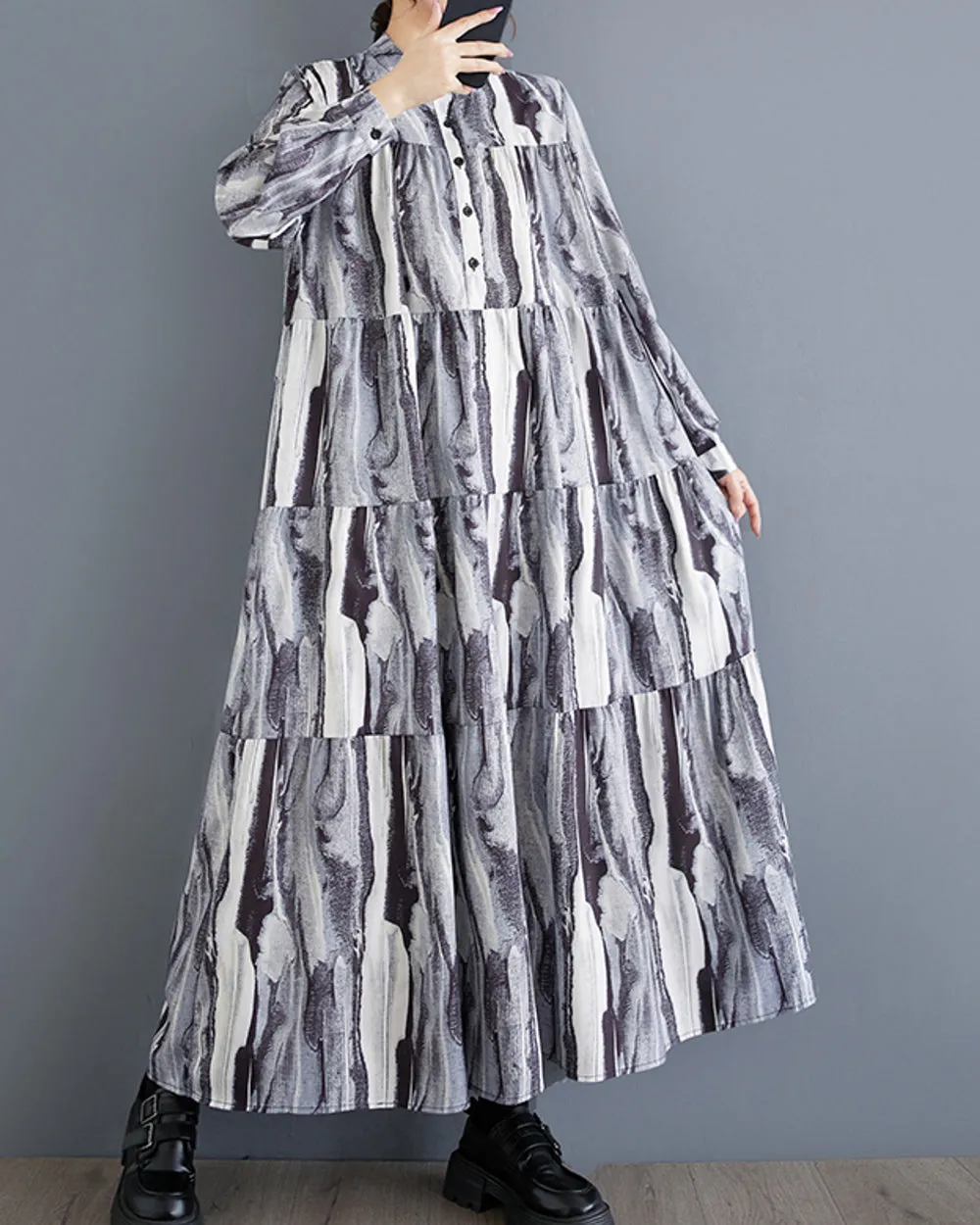 ellazhu Women's Dress Long Sleeve Button Floral Print Flowy Hem Loose GZ321