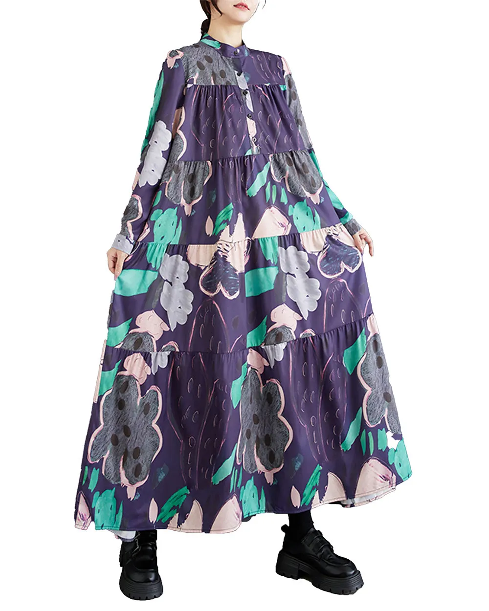 ellazhu Women's Dress Long Sleeve Button Floral Print Flowy Hem Loose GZ321