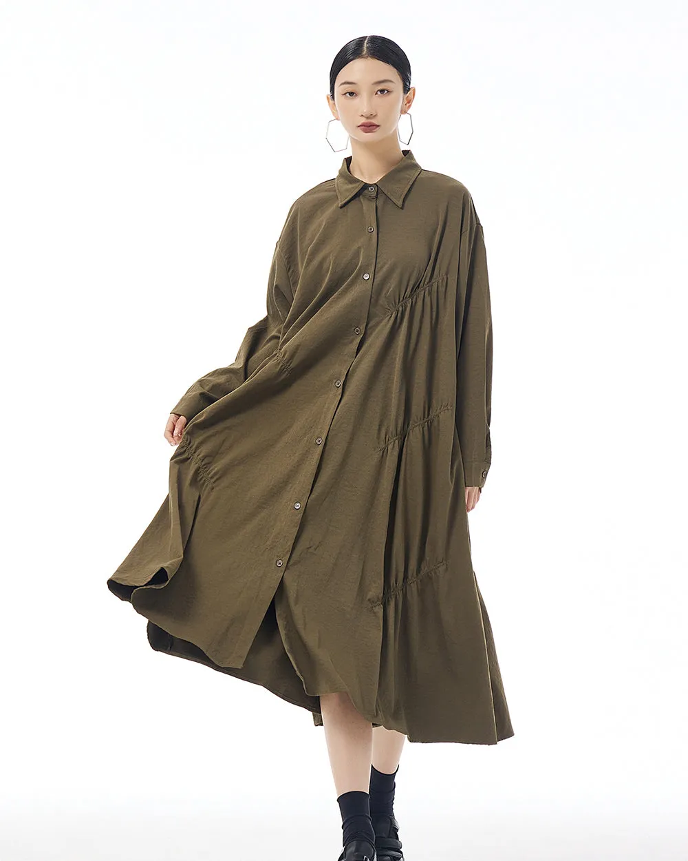 ellazhu Women's Long Sleeve Lapel Button Down Solid Color Loose Shirt GE41