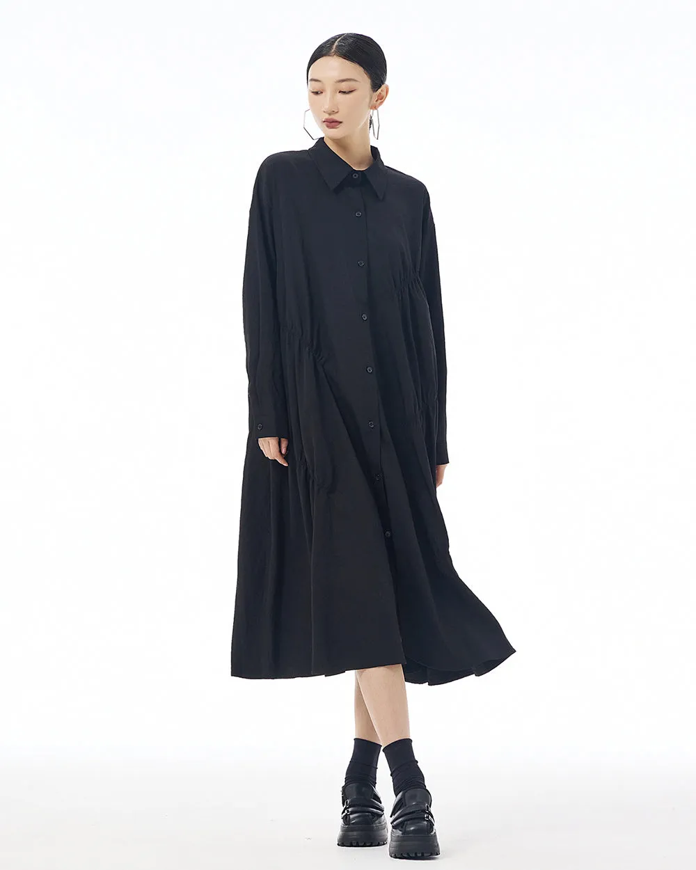 ellazhu Women's Long Sleeve Lapel Button Down Solid Color Loose Shirt GE41