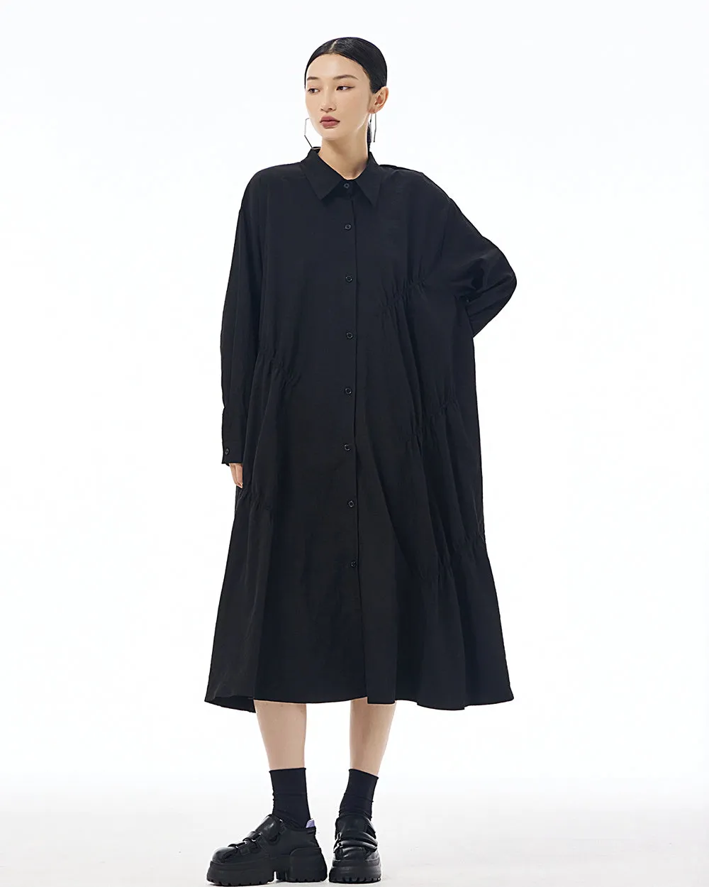 ellazhu Women's Long Sleeve Lapel Button Down Solid Color Loose Shirt GE41