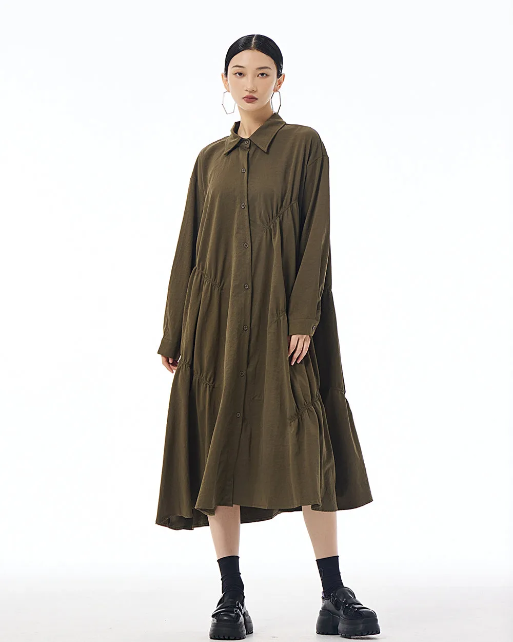 ellazhu Women's Long Sleeve Lapel Button Down Solid Color Loose Shirt GE41