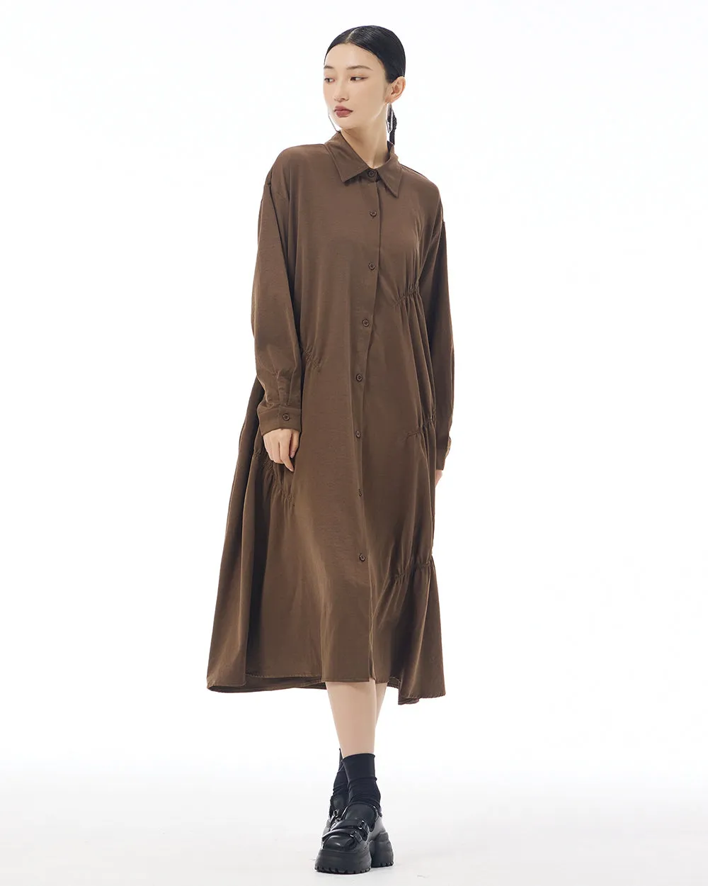 ellazhu Women's Long Sleeve Lapel Button Down Solid Color Loose Shirt GE41