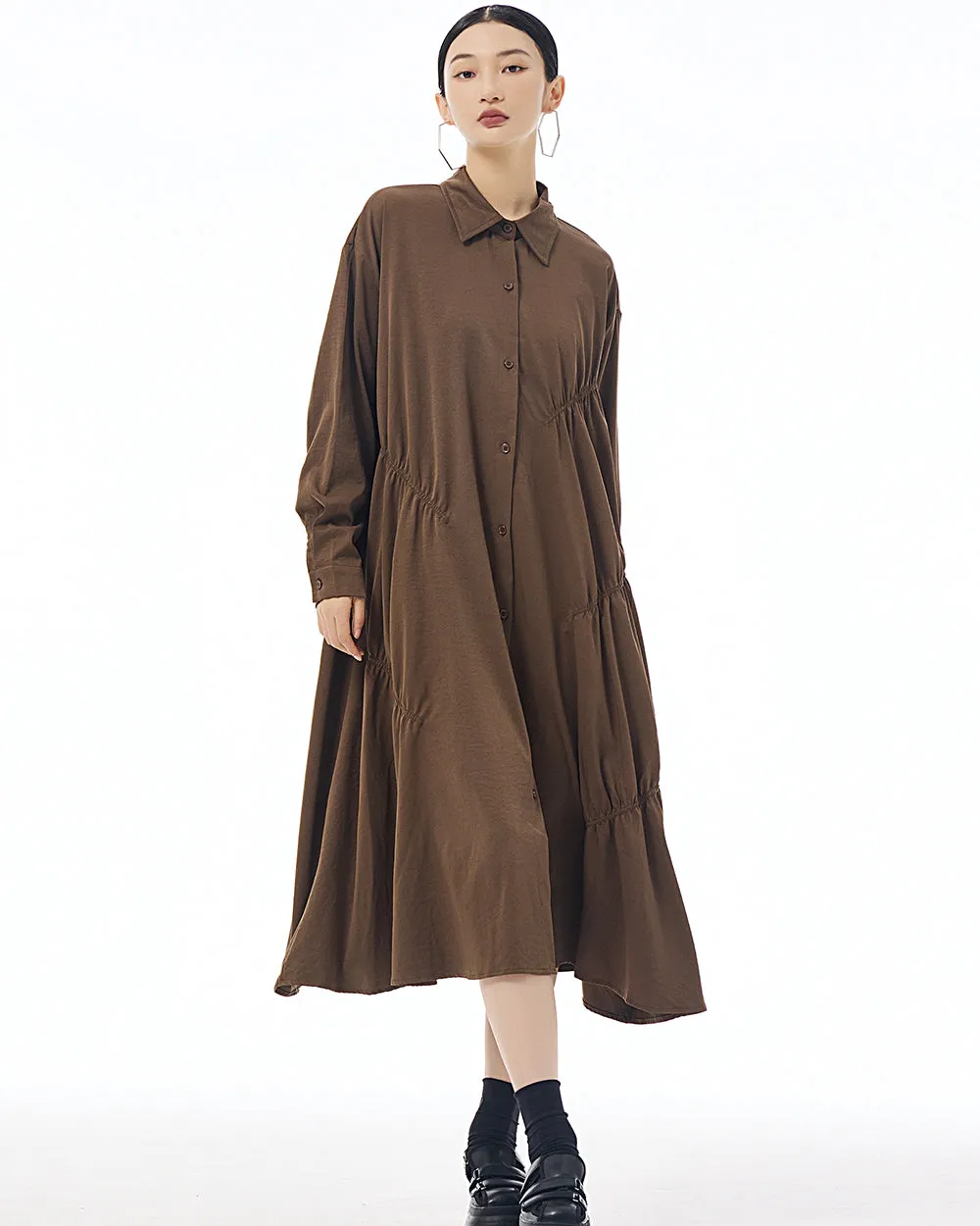 ellazhu Women's Long Sleeve Lapel Button Down Solid Color Loose Shirt GE41