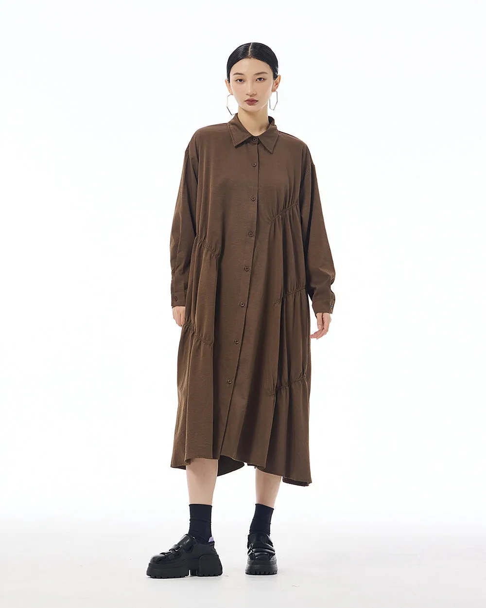 ellazhu Women's Long Sleeve Lapel Button Down Solid Color Loose Shirt GE41