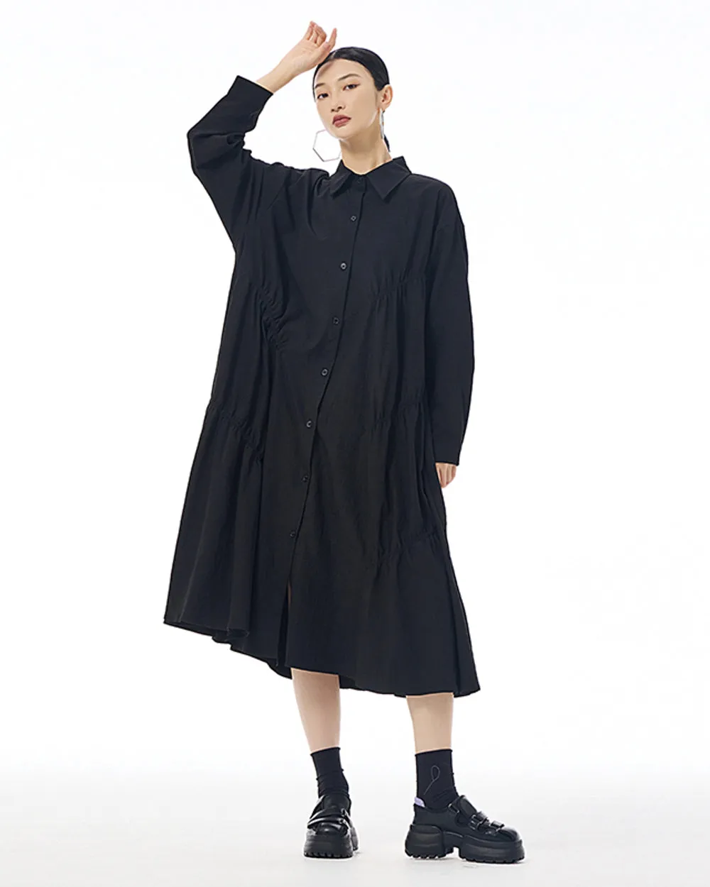 ellazhu Women's Long Sleeve Lapel Button Down Solid Color Loose Shirt GE41