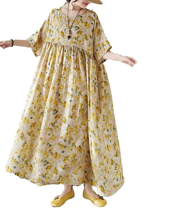ellazhu Women's Short Sleeve Maxi Length Crewneck Floral Print Dress GA2742