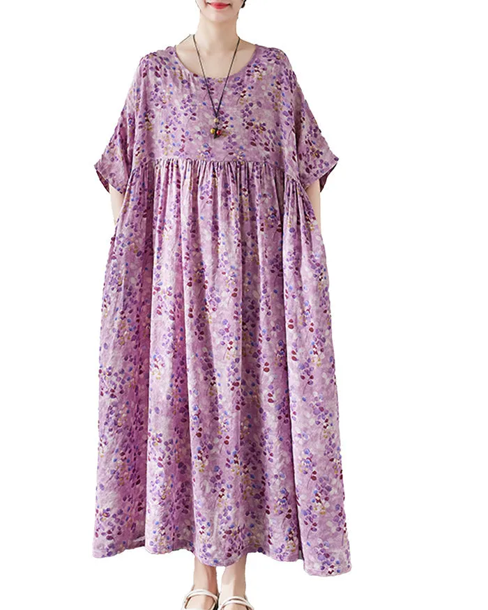 ellazhu Women's Short Sleeve Maxi Length Crewneck Floral Print Dress GA2742