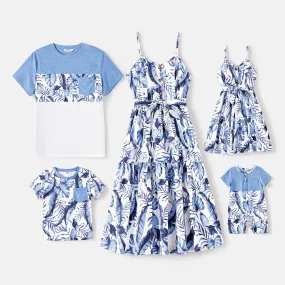 Family Matching Allover Leaf Print Naia? Cami Dresses and Short-sleeve Colorblock T-shirts Sets