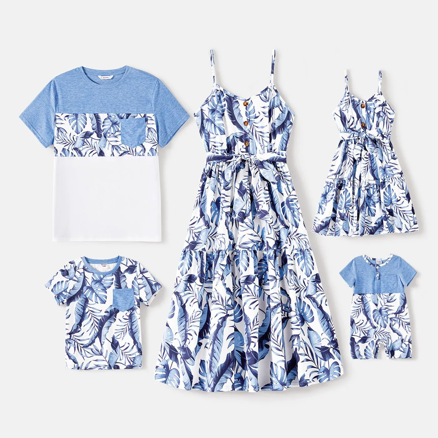 Family Matching Allover Leaf Print Naia? Cami Dresses and Short-sleeve Colorblock T-shirts Sets