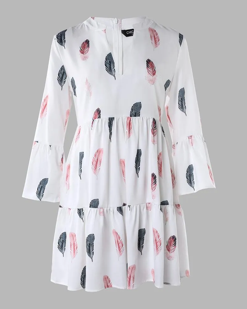 Feather Print Bell Sleeve Ruffles Casual Dress