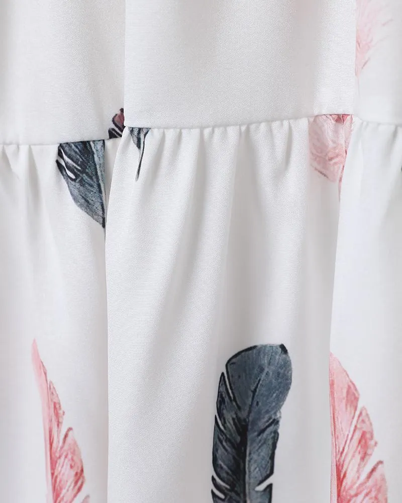 Feather Print Bell Sleeve Ruffles Casual Dress