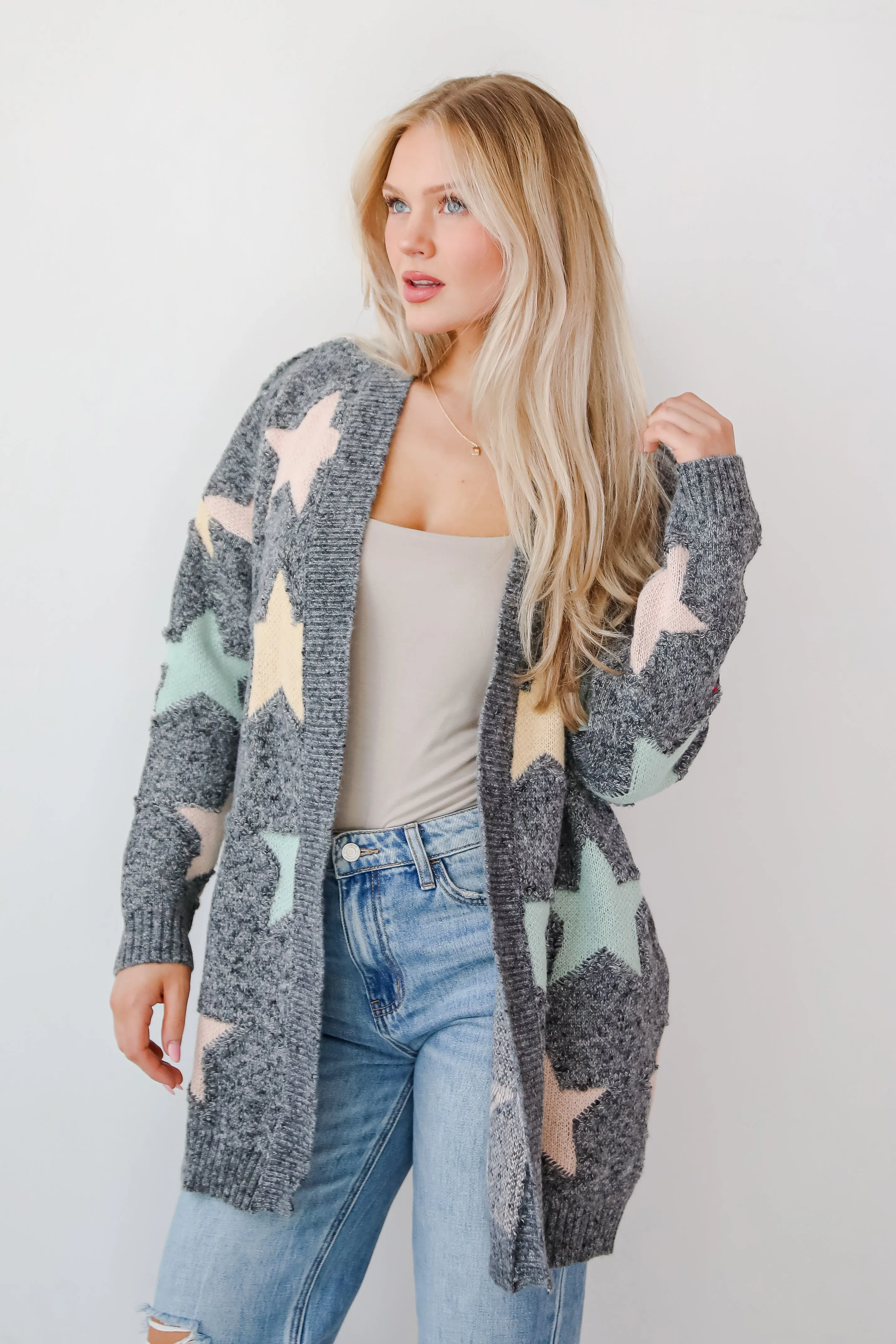 FINAL SALE - Cozy Outcome Heather Grey Star Cardigan