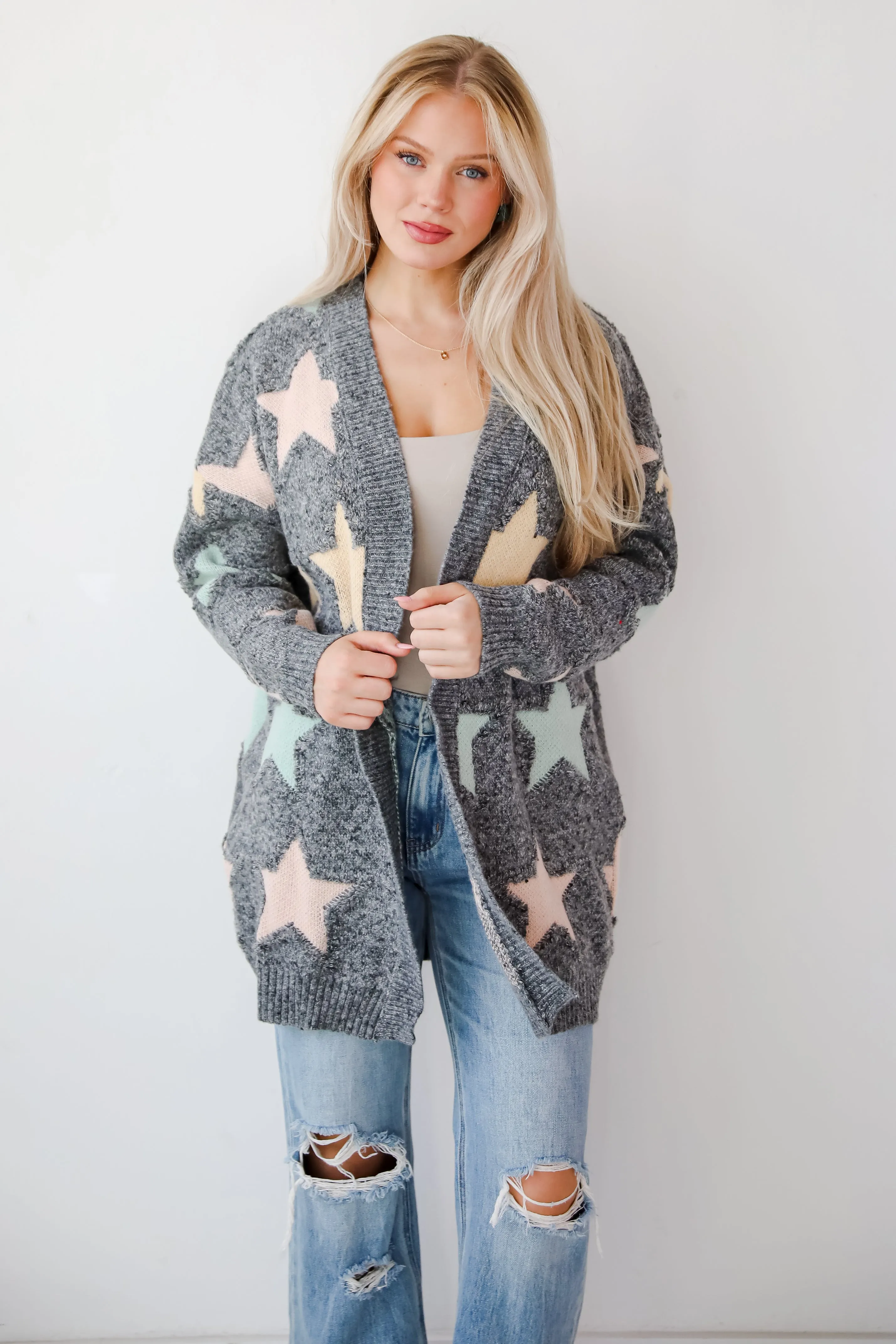 FINAL SALE - Cozy Outcome Heather Grey Star Cardigan