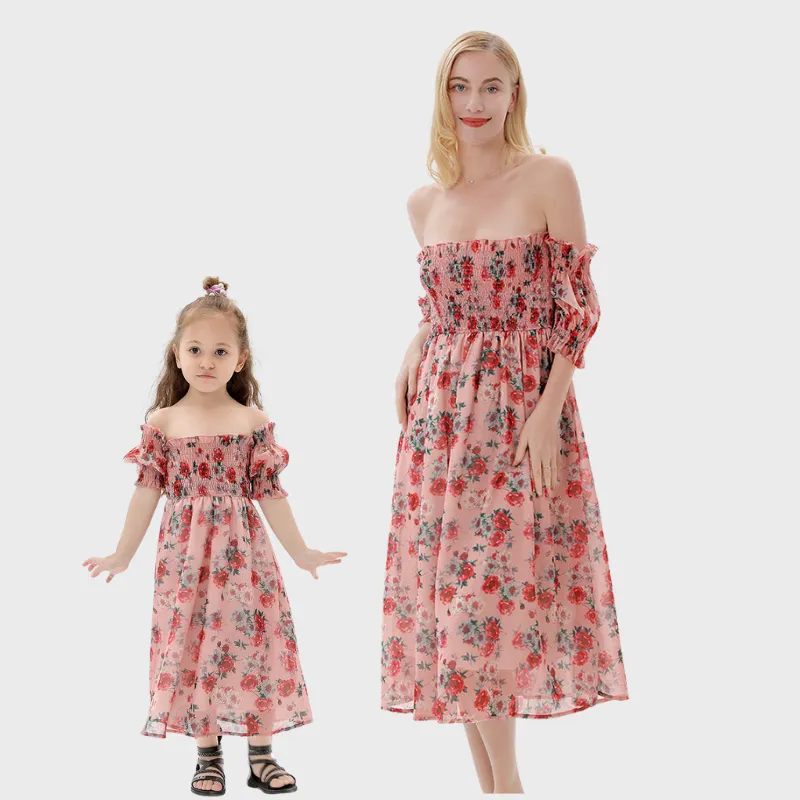 Floral Appliques Off Shoulder Ruffle Dresses for Mommy and Me