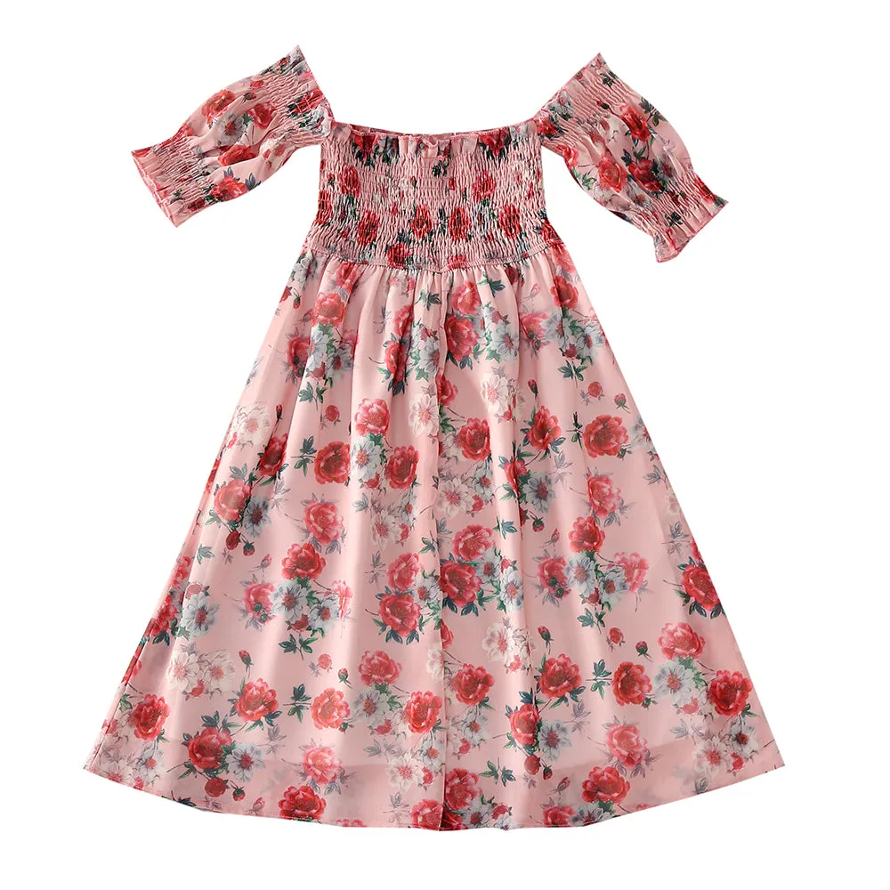 Floral Appliques Off Shoulder Ruffle Dresses for Mommy and Me