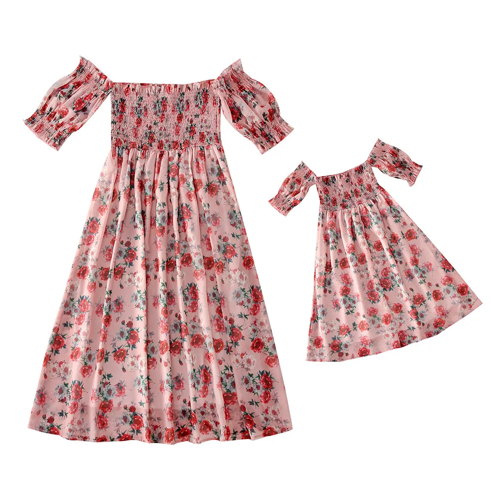 Floral Appliques Off Shoulder Ruffle Dresses for Mommy and Me