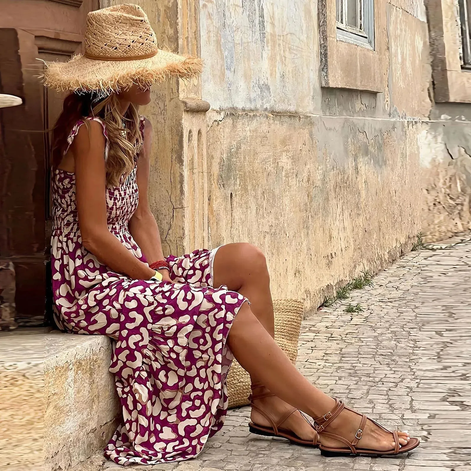 Floral Print Holiday Beach Spring Draped Long Midi Bohemian Dress
