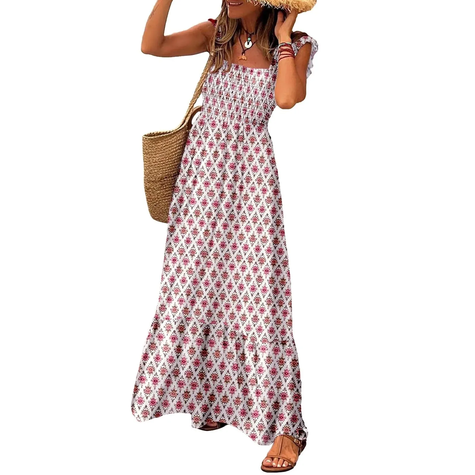 Floral Print Holiday Beach Spring Draped Long Midi Bohemian Dress