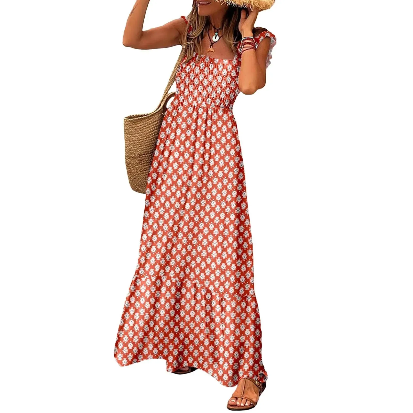 Floral Print Holiday Beach Spring Draped Long Midi Bohemian Dress