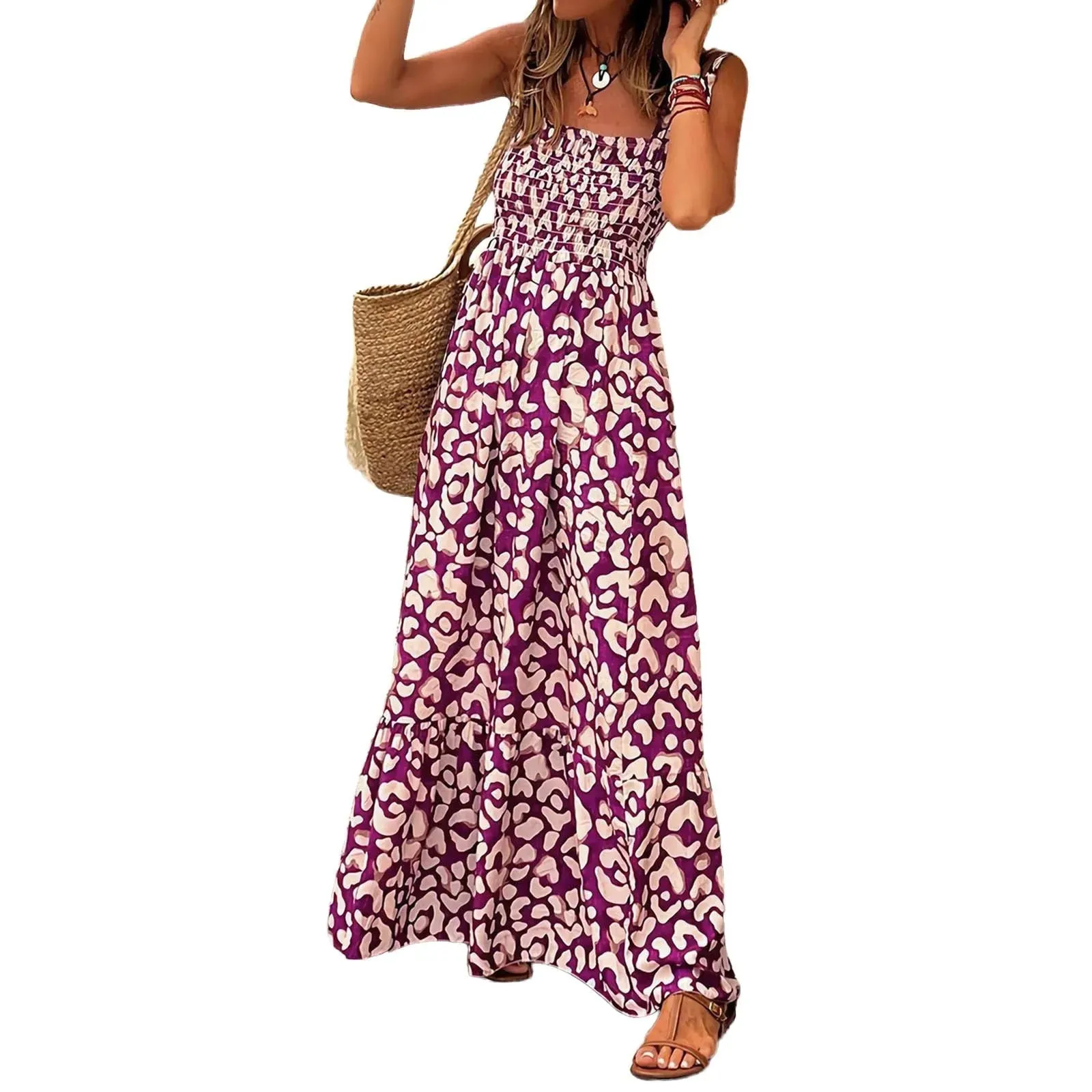 Floral Print Holiday Beach Spring Draped Long Midi Bohemian Dress