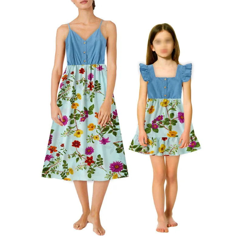 Floral Print V Neck Sleeveless Dresses and T-shirts Sets