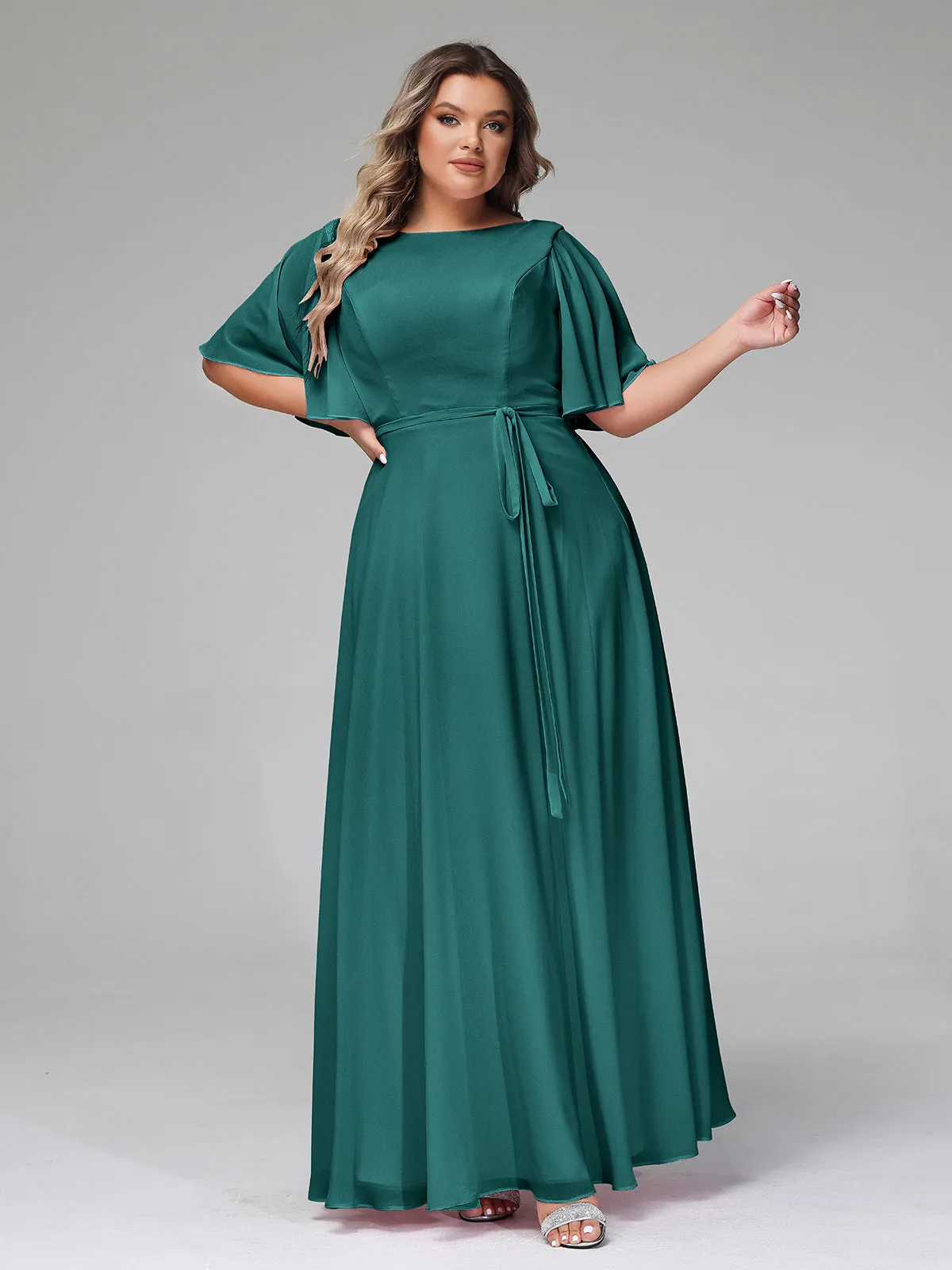 Flutter Sleeves Chiffon Max Dresses with Sash Bow-Peacock Plus Size